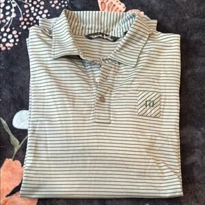 Travis Mathew Green Polo with Classic Stripes + Old American Golf Club Logo
